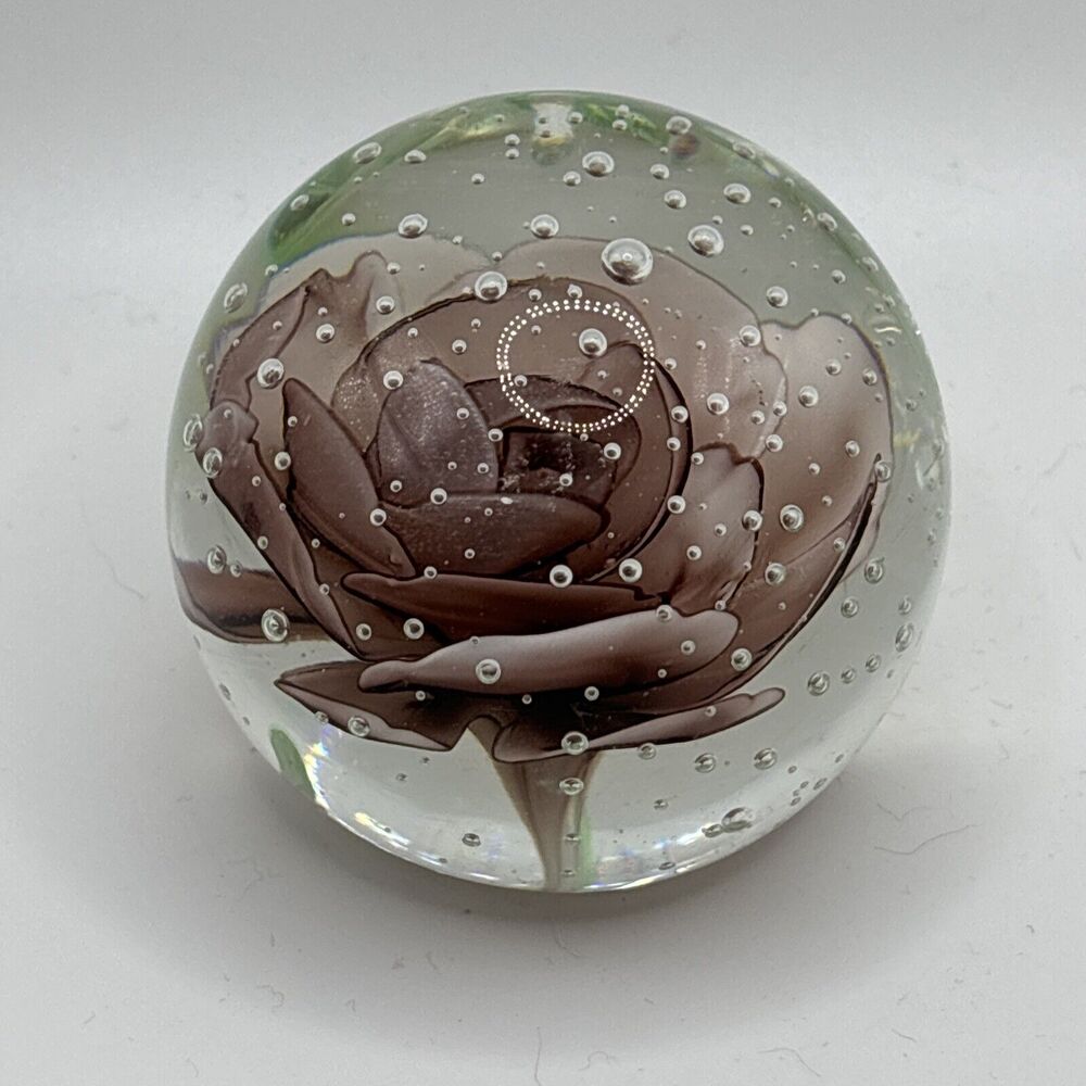 Vintage Round Art Glass Paperweight 3” Globe Orb Purple Flower Floral Bubbles